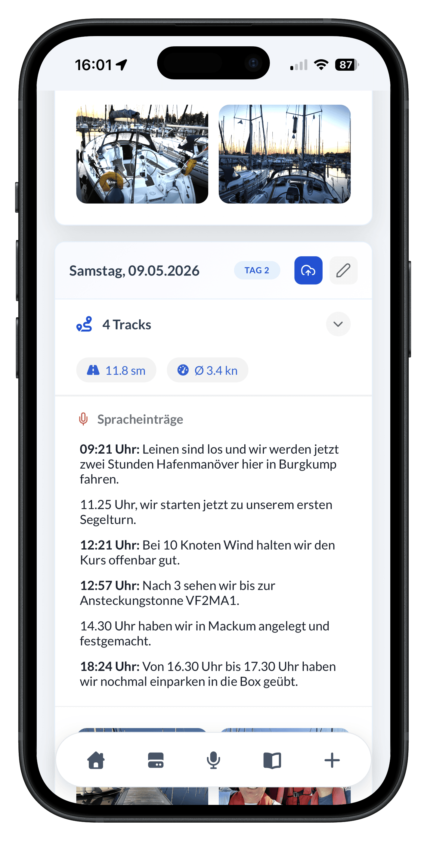 Logbuch-Tagesansicht mit Spracheinträgen und Fotos