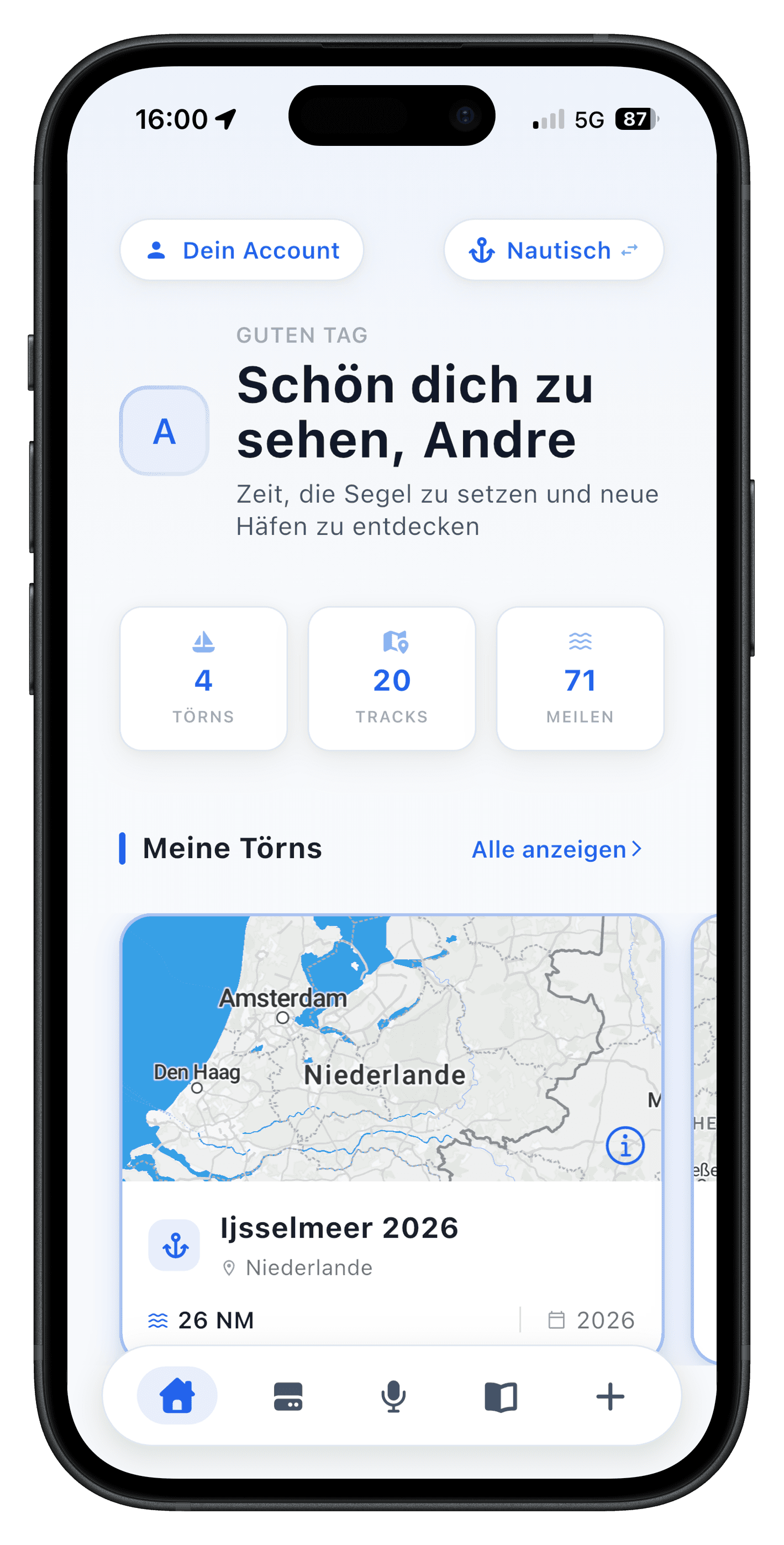 DiLog Dashboard – Törnstatistiken, Seekarte und Begrüßung