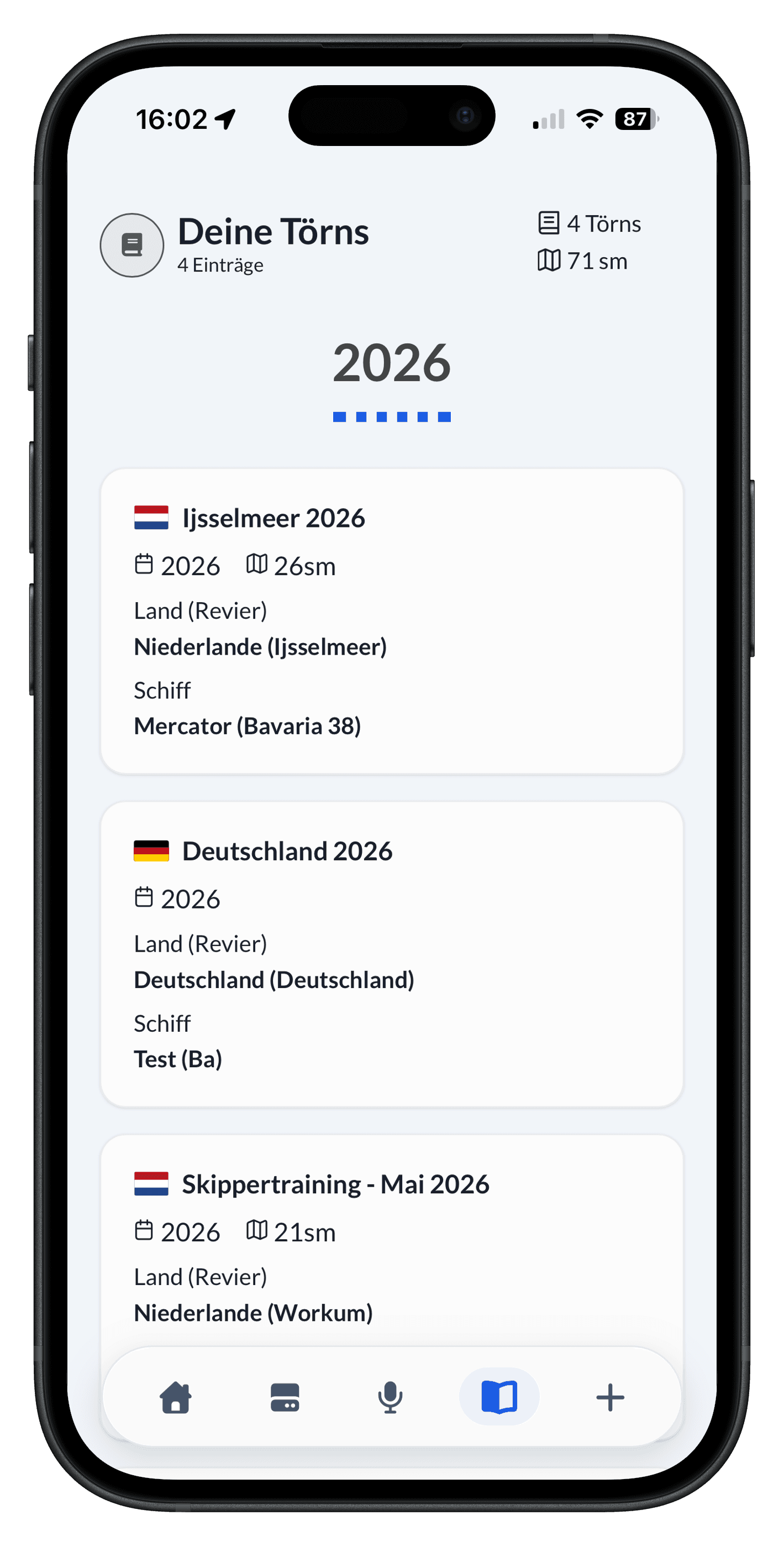 Törnübersicht mit Revieren und Seemeilen